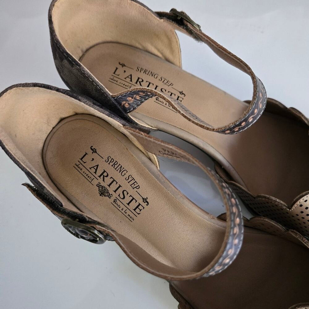 L'Artiste Parchelle Mary Jane Pumps Sz 42 Taupe Greige Leather Hand Painted Boho - Picture 4 of 10